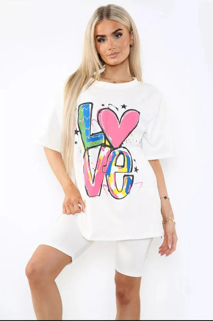 Love Side Slit Cycling Short and T-Shirts Co-Ord Two Piece Set with Front Love Slogan